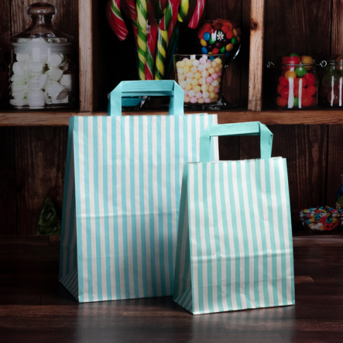 Small 180mm Aqua Striped Paper Carrier Bags in packs of 50 bags from